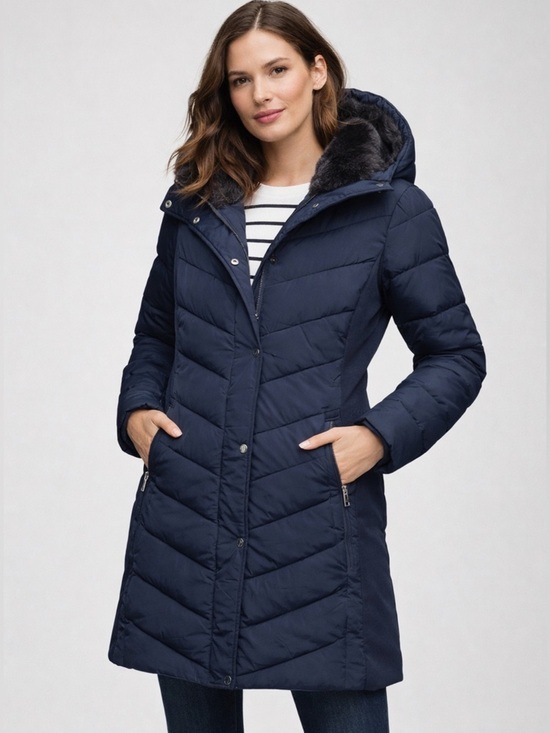Andrew Marc Jackets & Blazers - Andrew Marc Hooded Puffer Coat Faux Fur Trim Navy Blue Size M